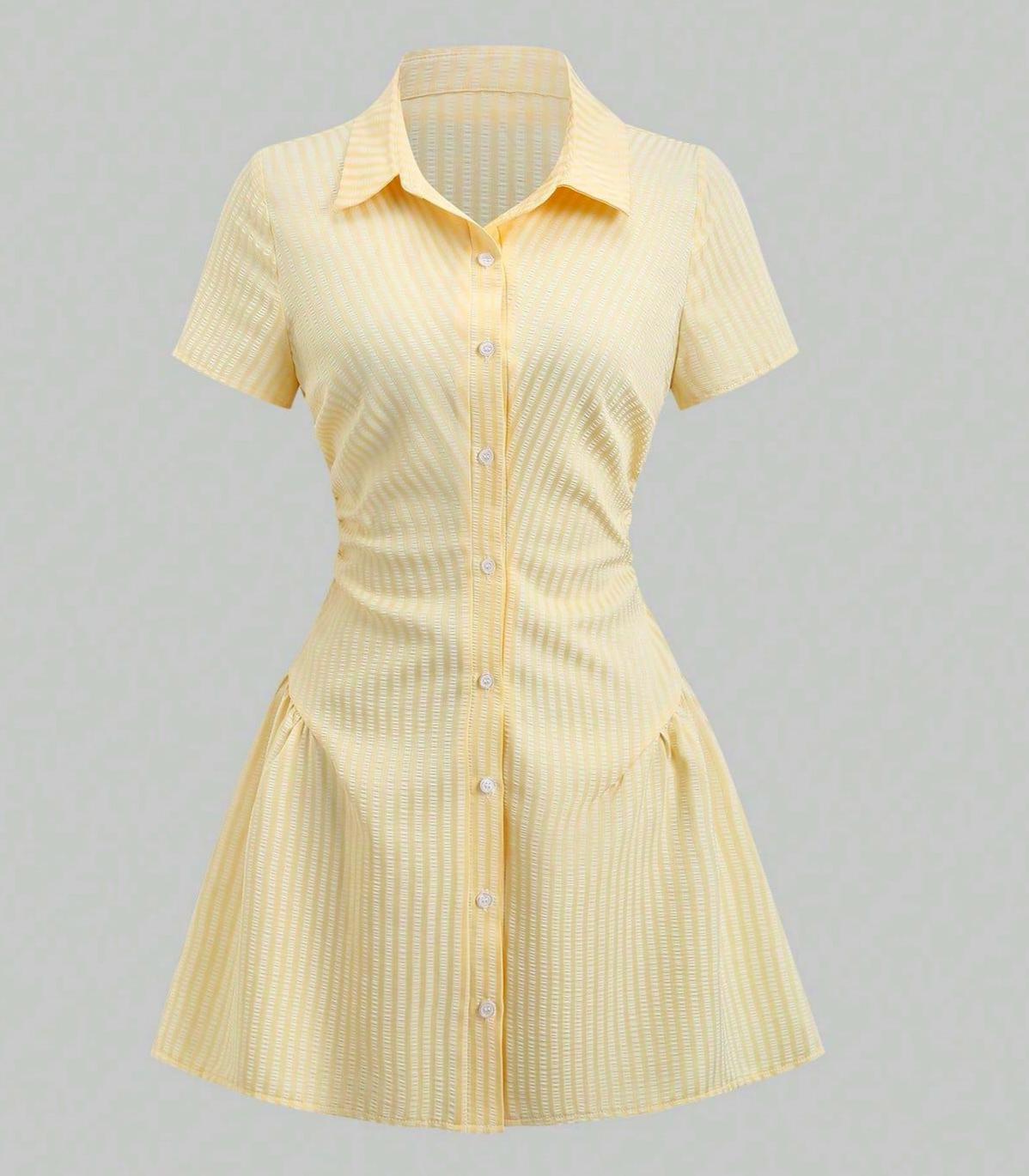 Striped Collared Mini Shirt Dress With Flared Hem - Yellow - 1
