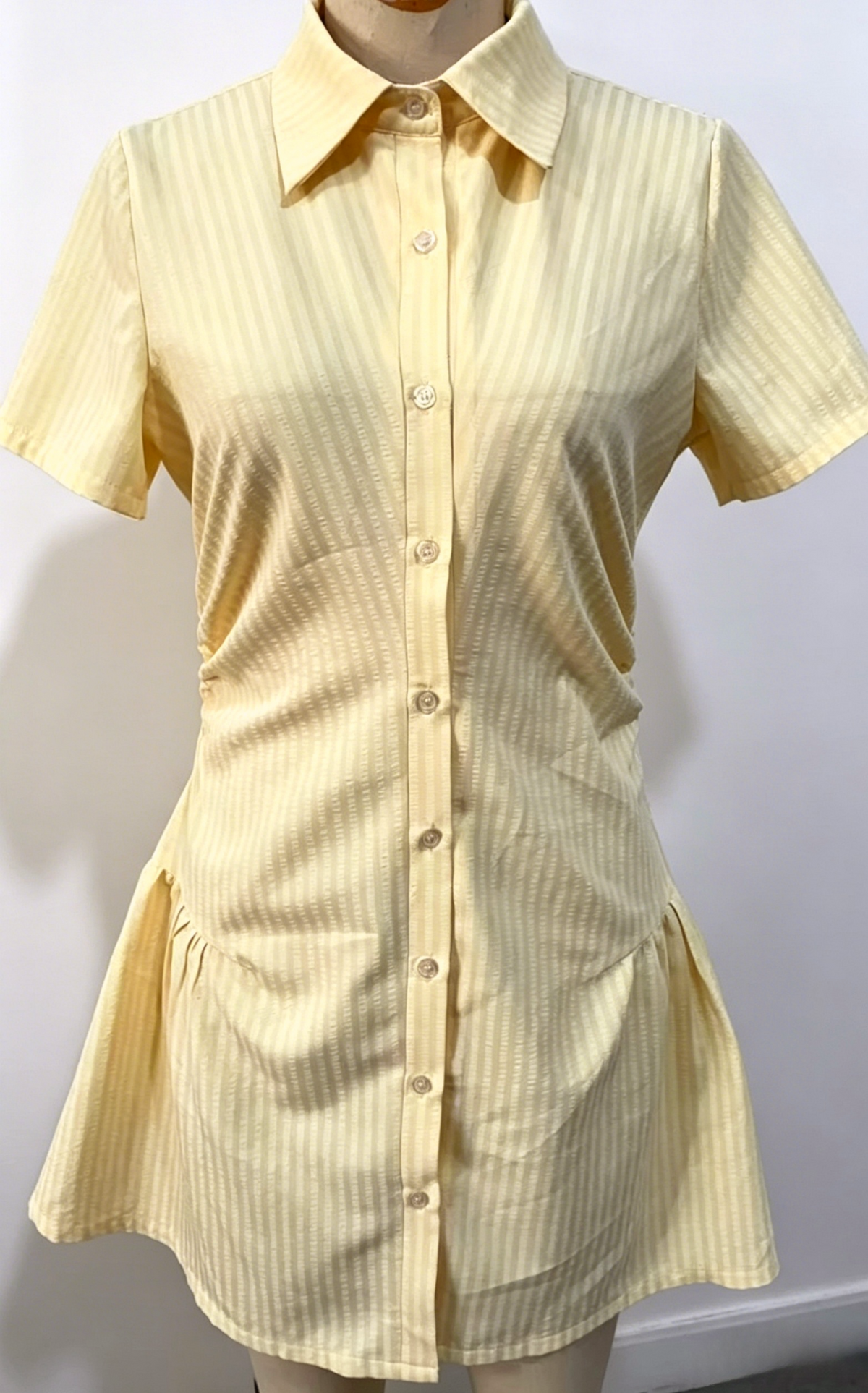 Striped Collared Mini Shirt Dress With Flared Hem - Yellow - 3