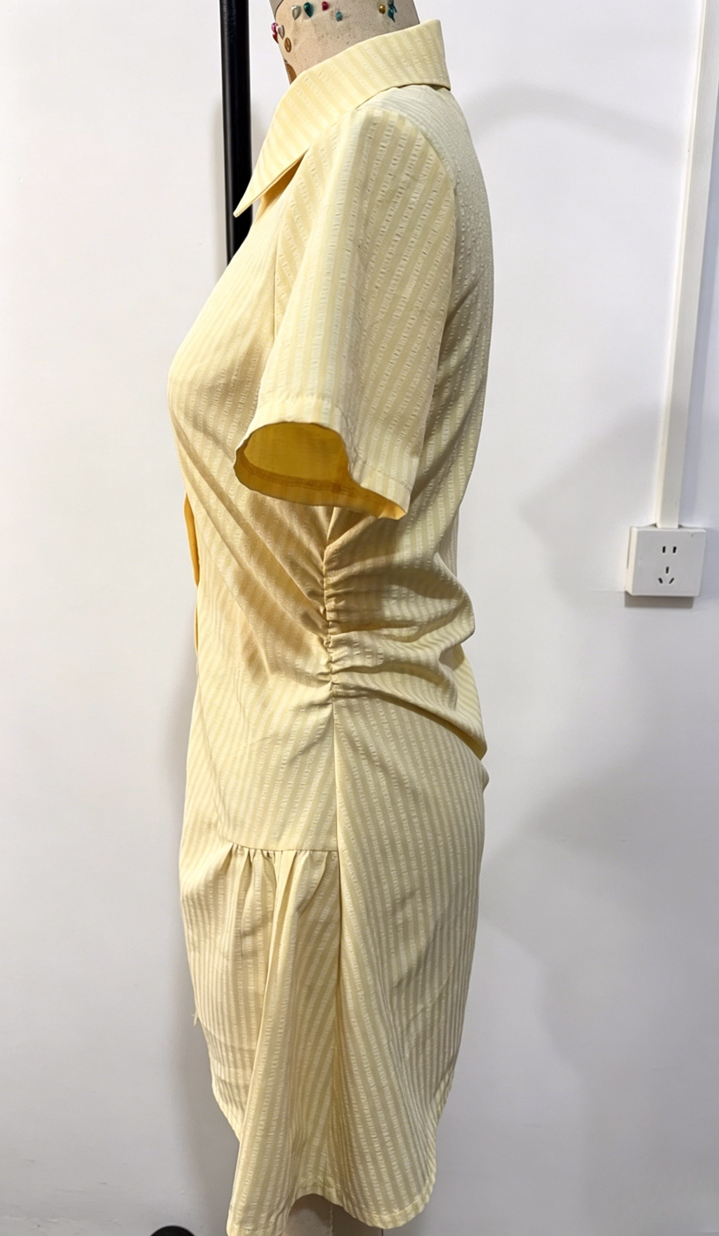 Striped Collared Mini Shirt Dress With Flared Hem - Yellow - 5
