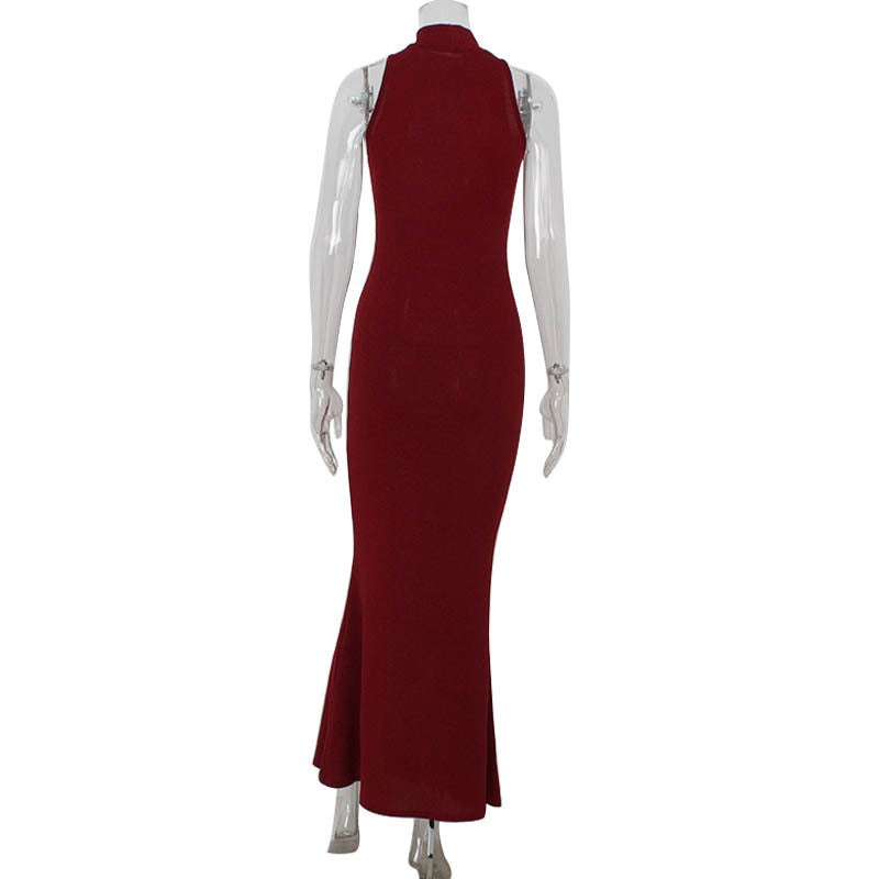 Burgundy Glitter Mock Neck Mermaid Maxi Gown
