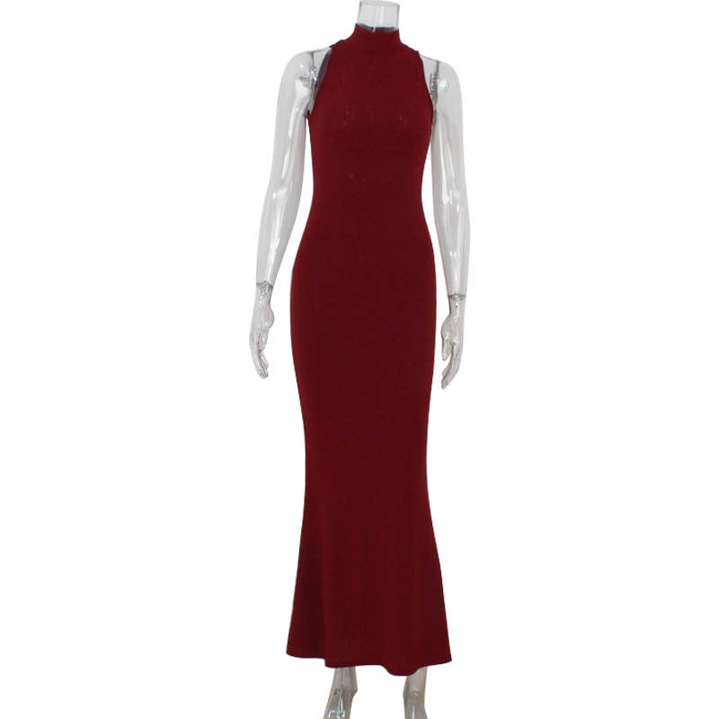 Burgundy Glitter Mock Neck Mermaid Maxi Gown