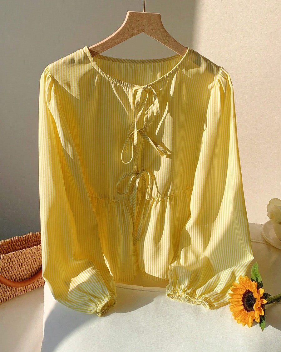 Bow Tie-Front Ruffle Hem Cardigan - Stripe