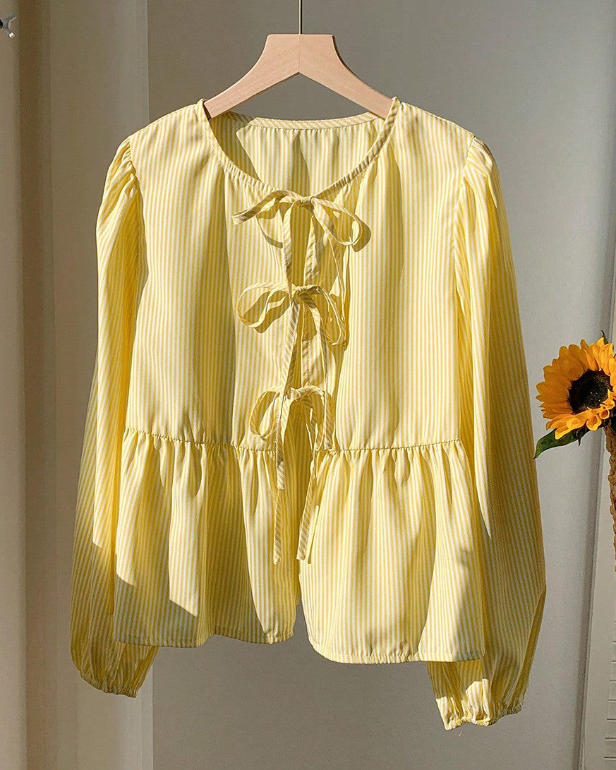 Bow Tie-Front Ruffle Hem Cardigan - Stripe - 1