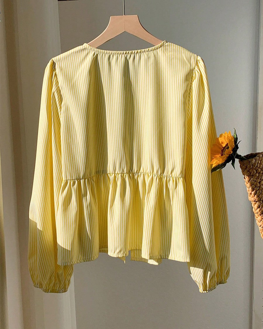 Bow Tie-Front Ruffle Hem Cardigan - Stripe - 2