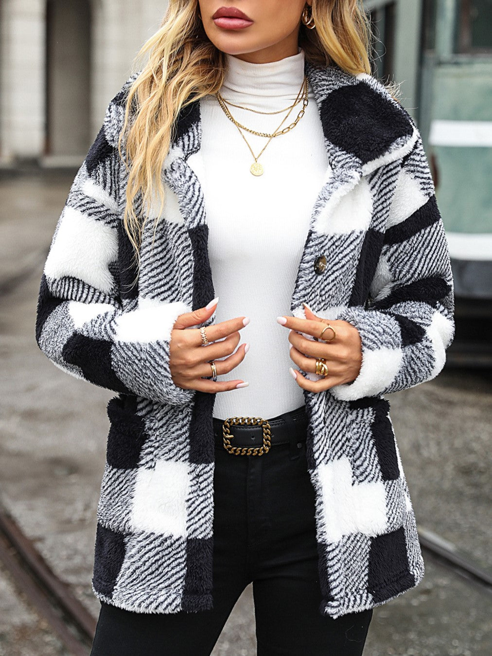 Buffalo Plaid Plush Fleece Button Front Coat - Black