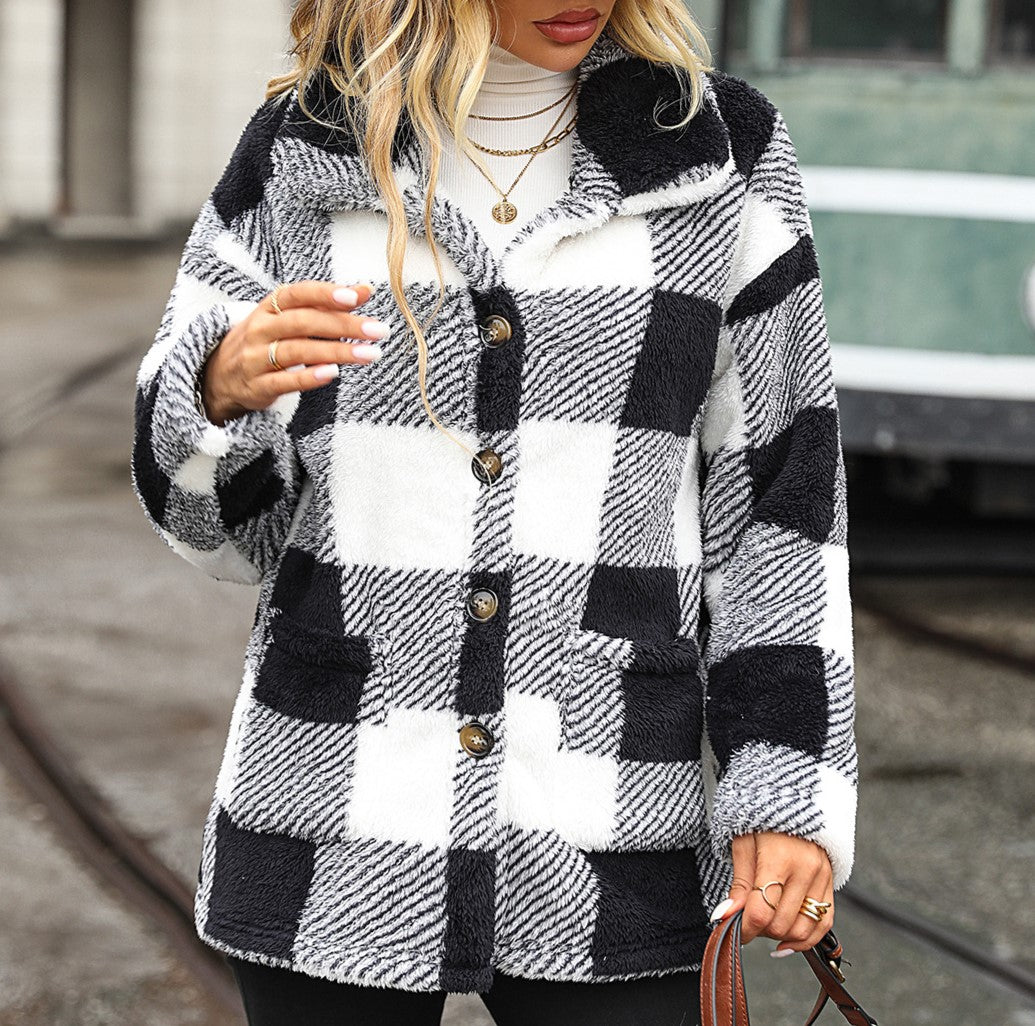 Buffalo Plaid Plush Fleece Button Front Coat - Black - 1