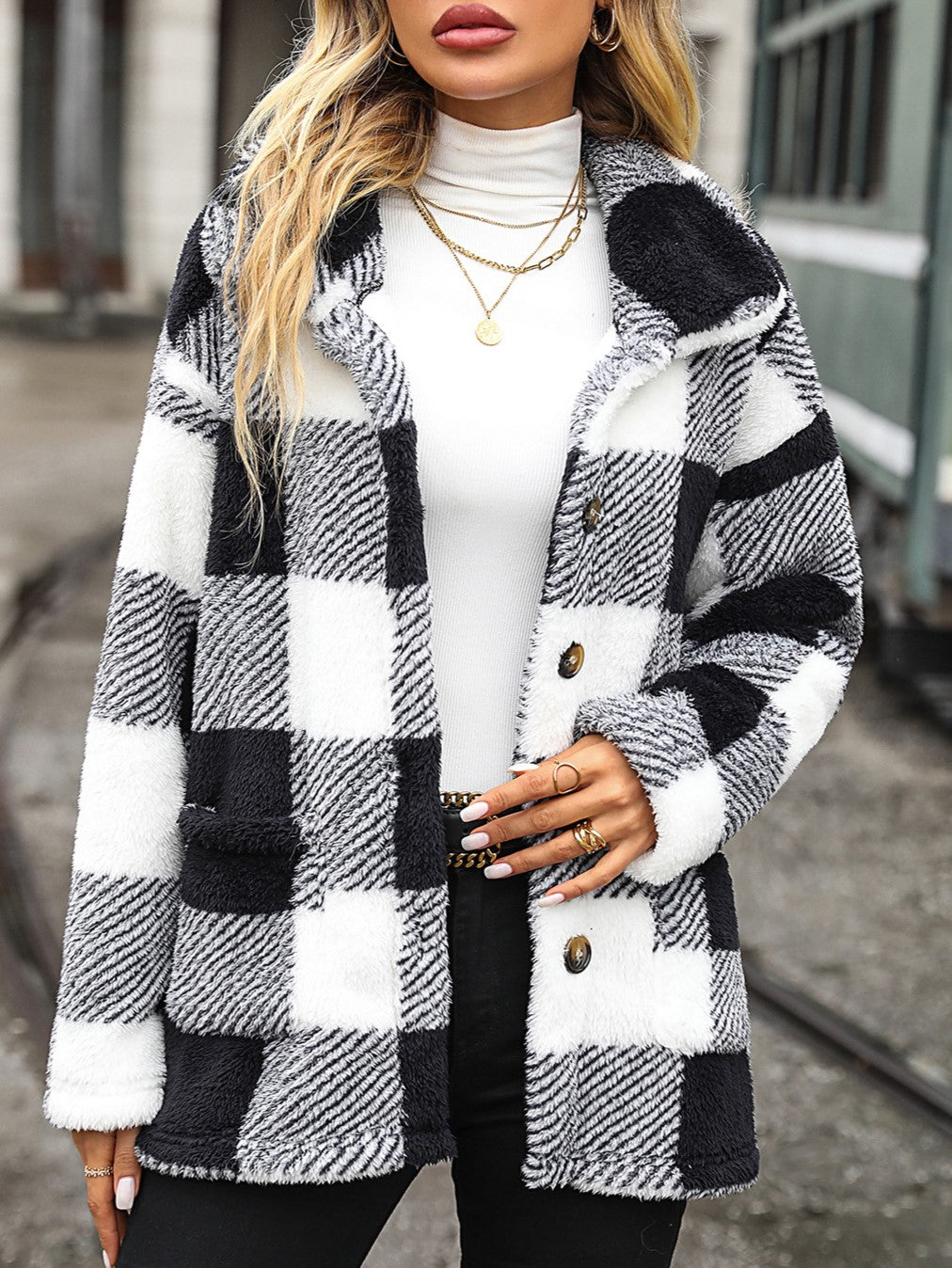 Buffalo Plaid Plush Fleece Button Front Coat - Black - 2