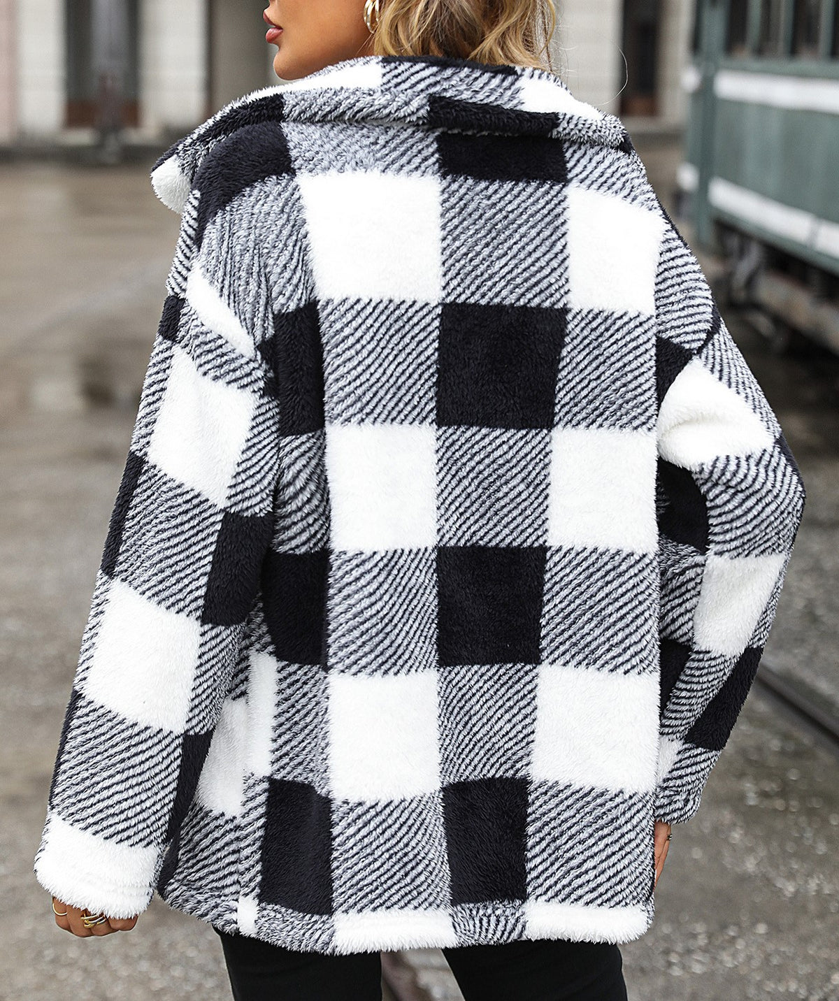 Buffalo Plaid Plush Fleece Button Front Coat - Black - 3