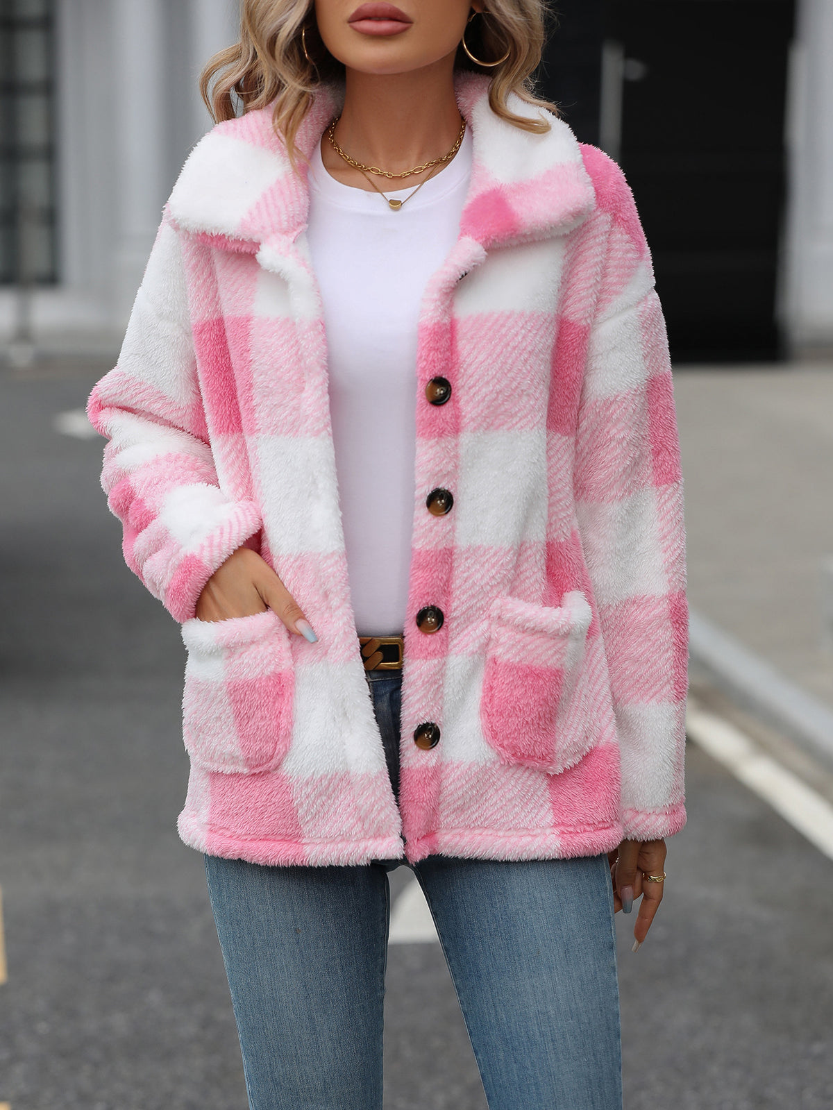 Buffalo Plaid Plush Fleece Button Front Coat - Pink