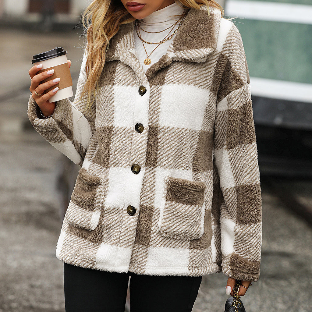 Buffalo Plaid Plush Fleece Button Front Coat - khaki