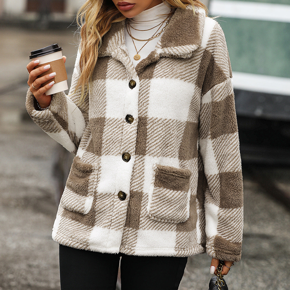 Buffalo Plaid Plush Fleece Button Front Coat - khaki