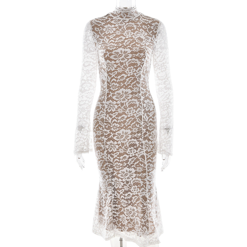 High Neck Floral Lace Fishtail Midi Dress - White