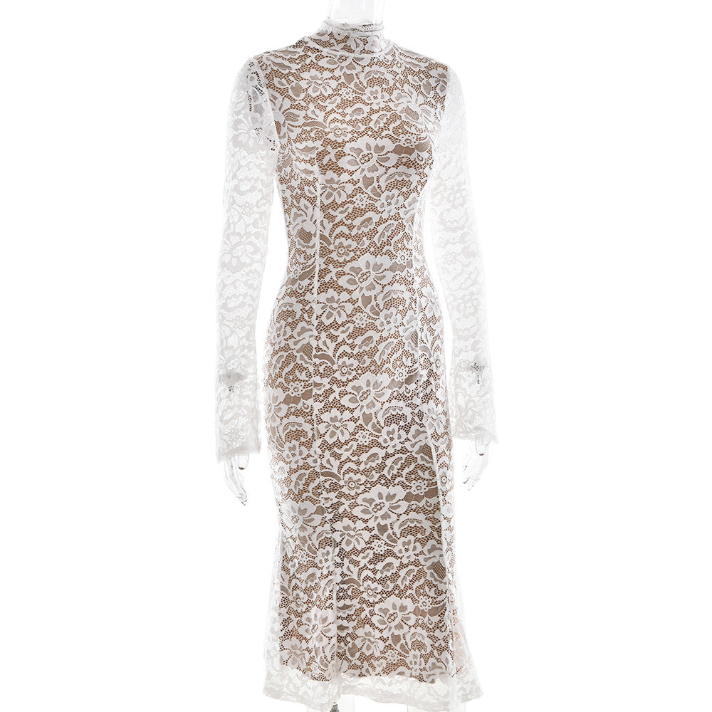 High Neck Floral Lace Fishtail Midi Dress - White - 1