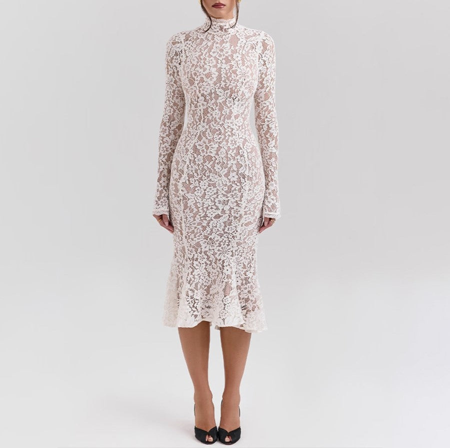 High Neck Floral Lace Fishtail Midi Dress - White - 10