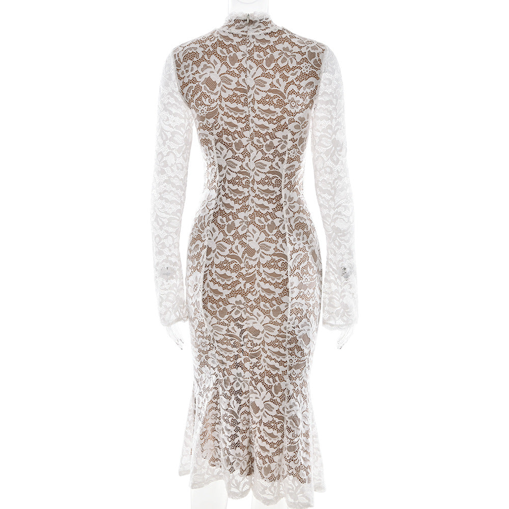 High Neck Floral Lace Fishtail Midi Dress - White - 2