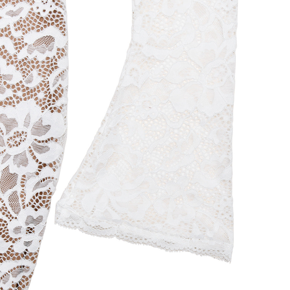 High Neck Floral Lace Fishtail Midi Dress - White - 3