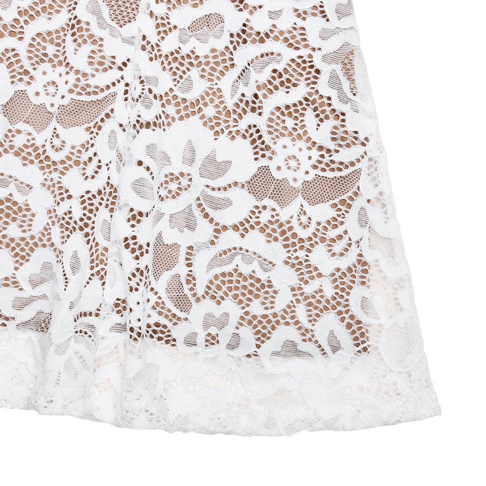 High Neck Floral Lace Fishtail Midi Dress - White - 4