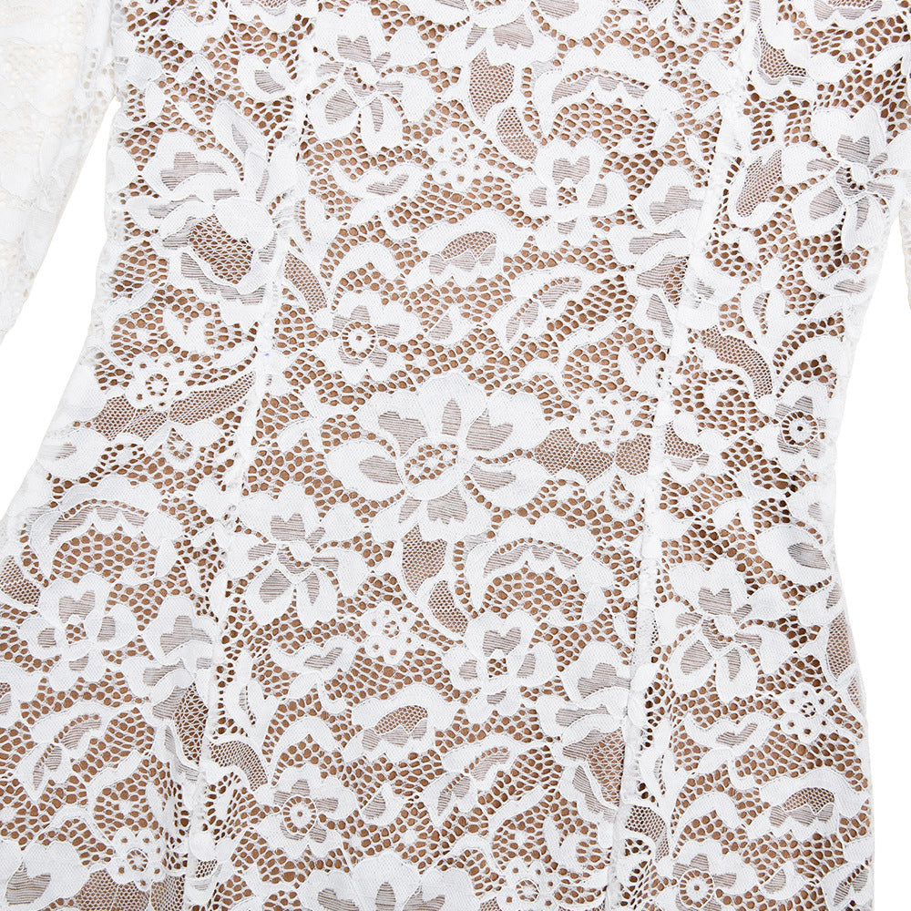 High Neck Floral Lace Fishtail Midi Dress - White - 5