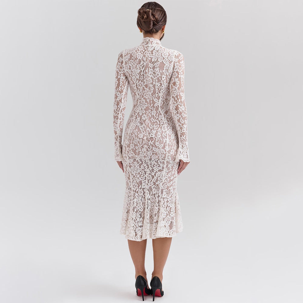High Neck Floral Lace Fishtail Midi Dress - White - 6