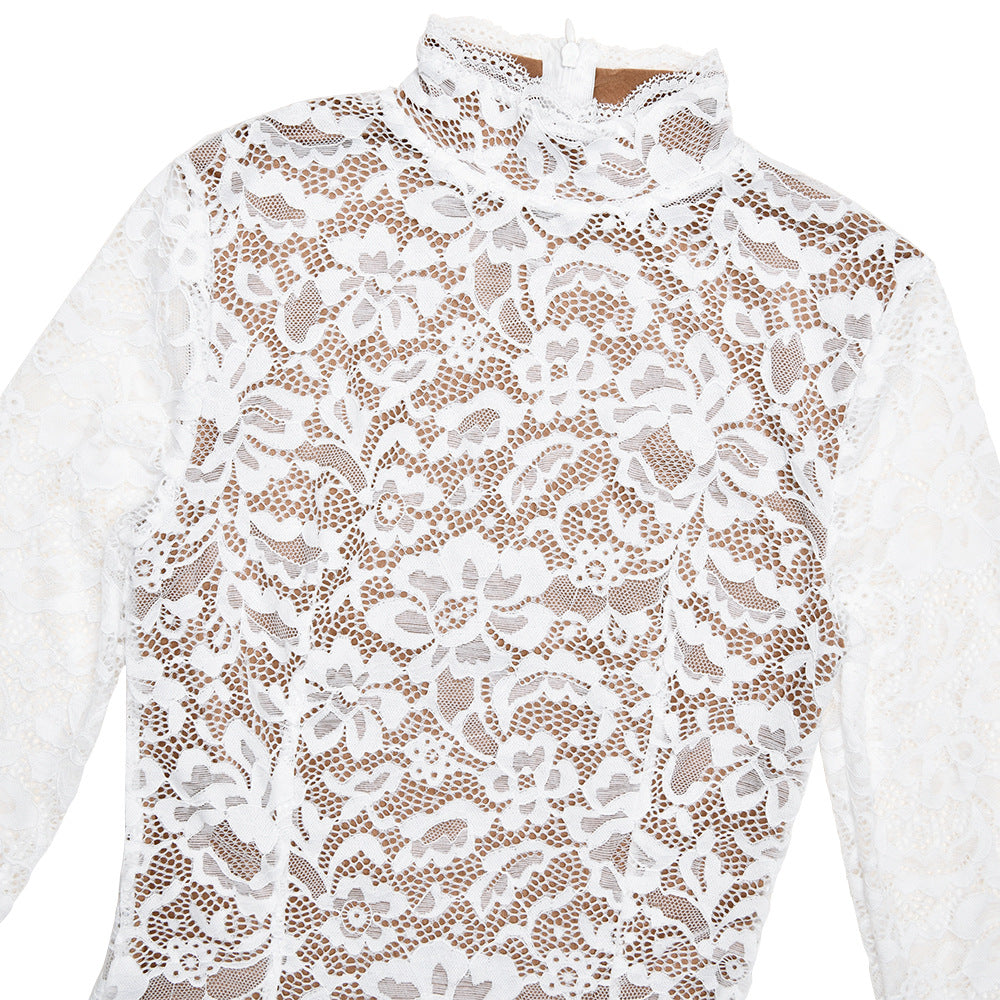 High Neck Floral Lace Fishtail Midi Dress - White - 8
