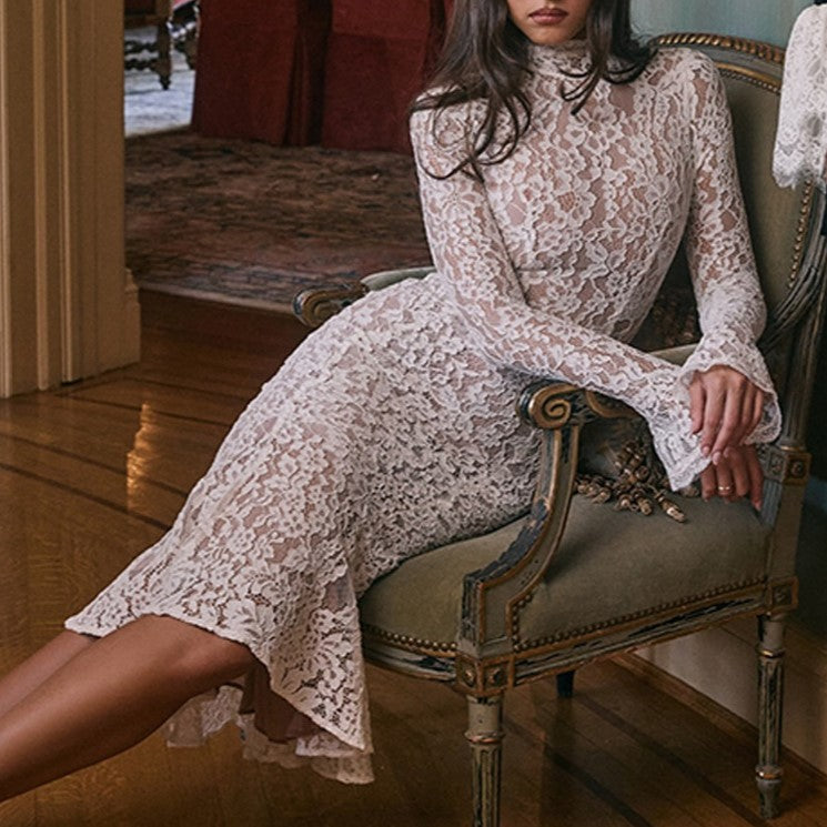 High Neck Floral Lace Fishtail Midi Dress - White - 9