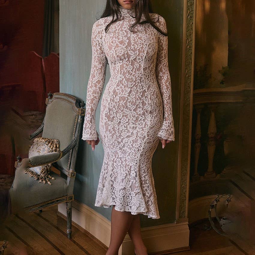 High Neck Floral Lace Fishtail Midi Dress