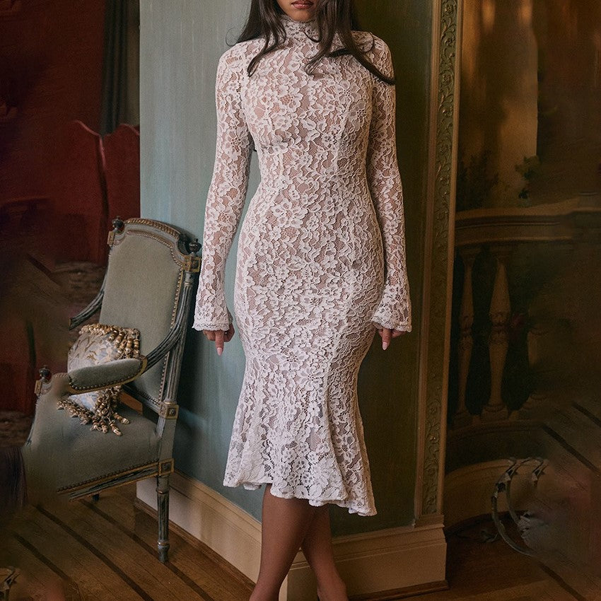 High Neck Floral Lace Fishtail Midi Dress - view 1
