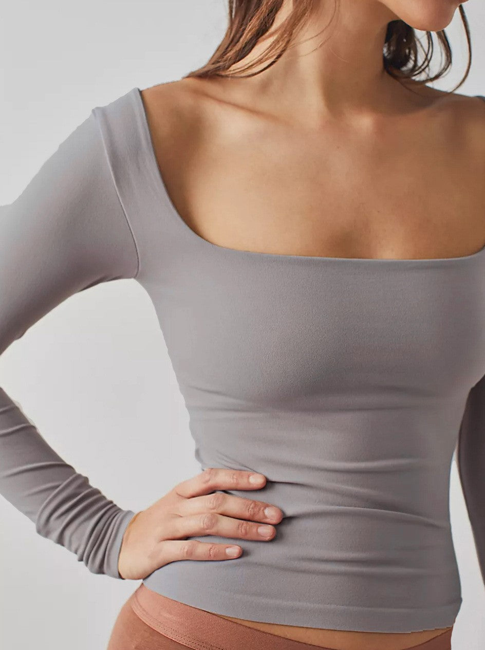 Second Skin Square Neck Long Sleeve Top - Grey - 1