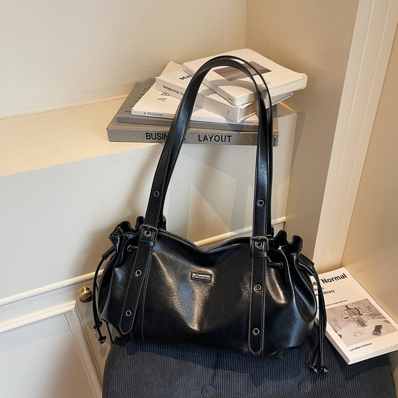 Slouchy Drawstring Faux Leather Shoulder Bag - Black