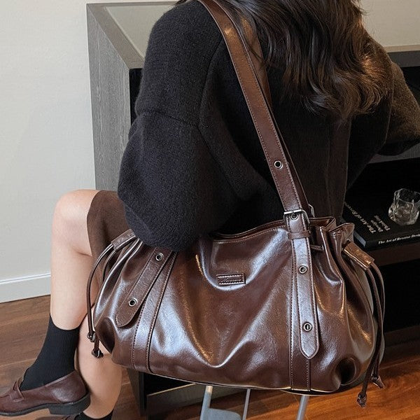 Slouchy Drawstring Faux Leather Shoulder Bag