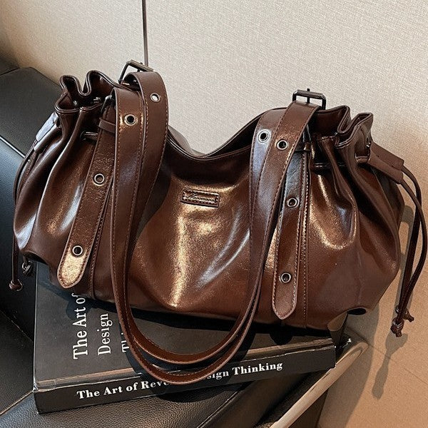 Slouchy Drawstring Faux Leather Shoulder Bag