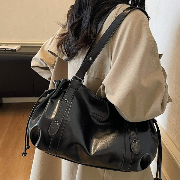 Slouchy Drawstring Faux Leather Shoulder Bag