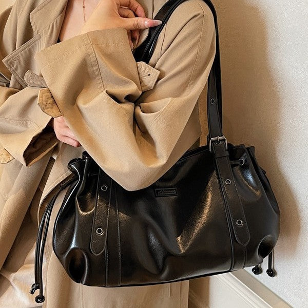 Slouchy Drawstring Faux Leather Shoulder Bag