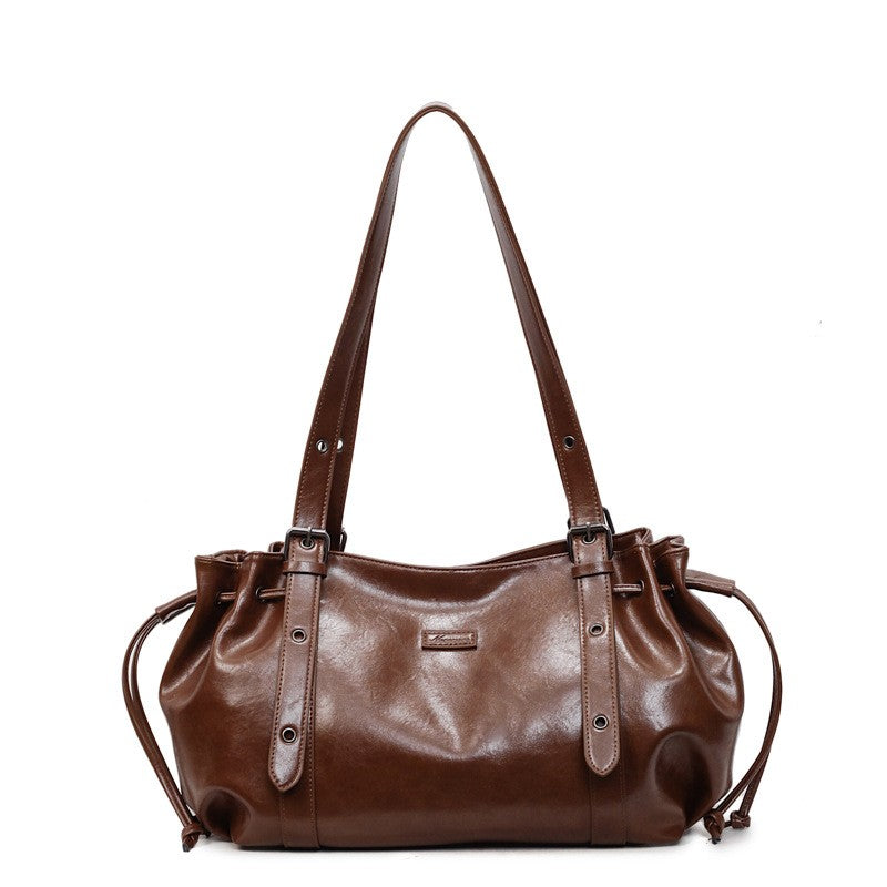 Slouchy Drawstring Faux Leather Shoulder Bag