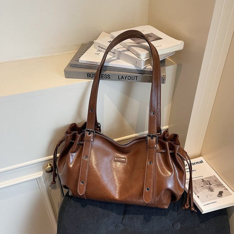 Slouchy Drawstring Faux Leather Shoulder Bag
