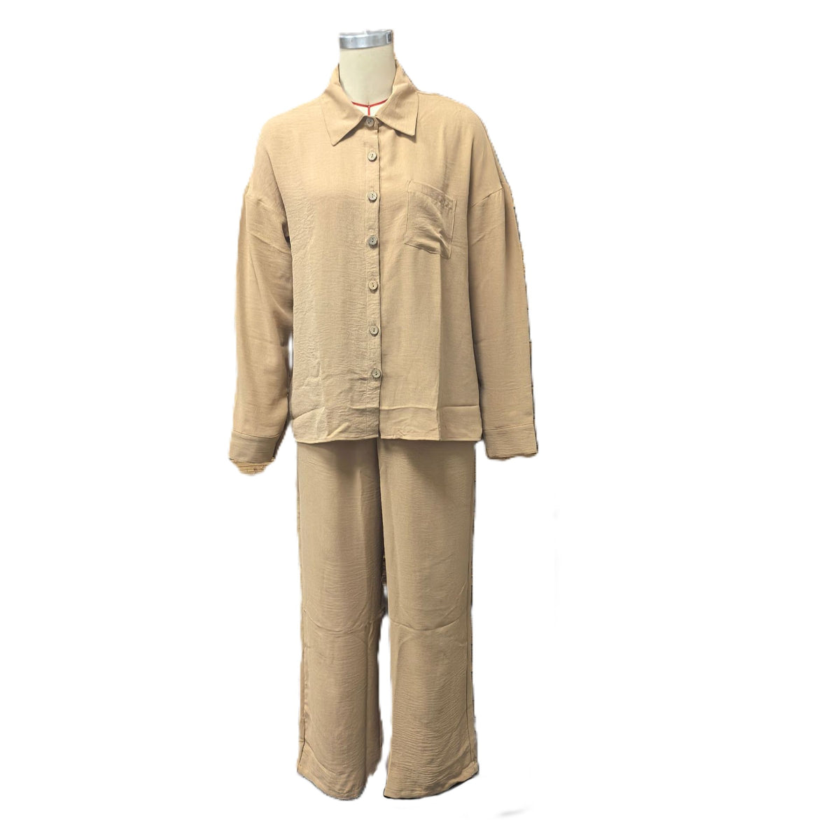 Relaxed Linen Look Shirt And Wide Pants Set - Khaki
