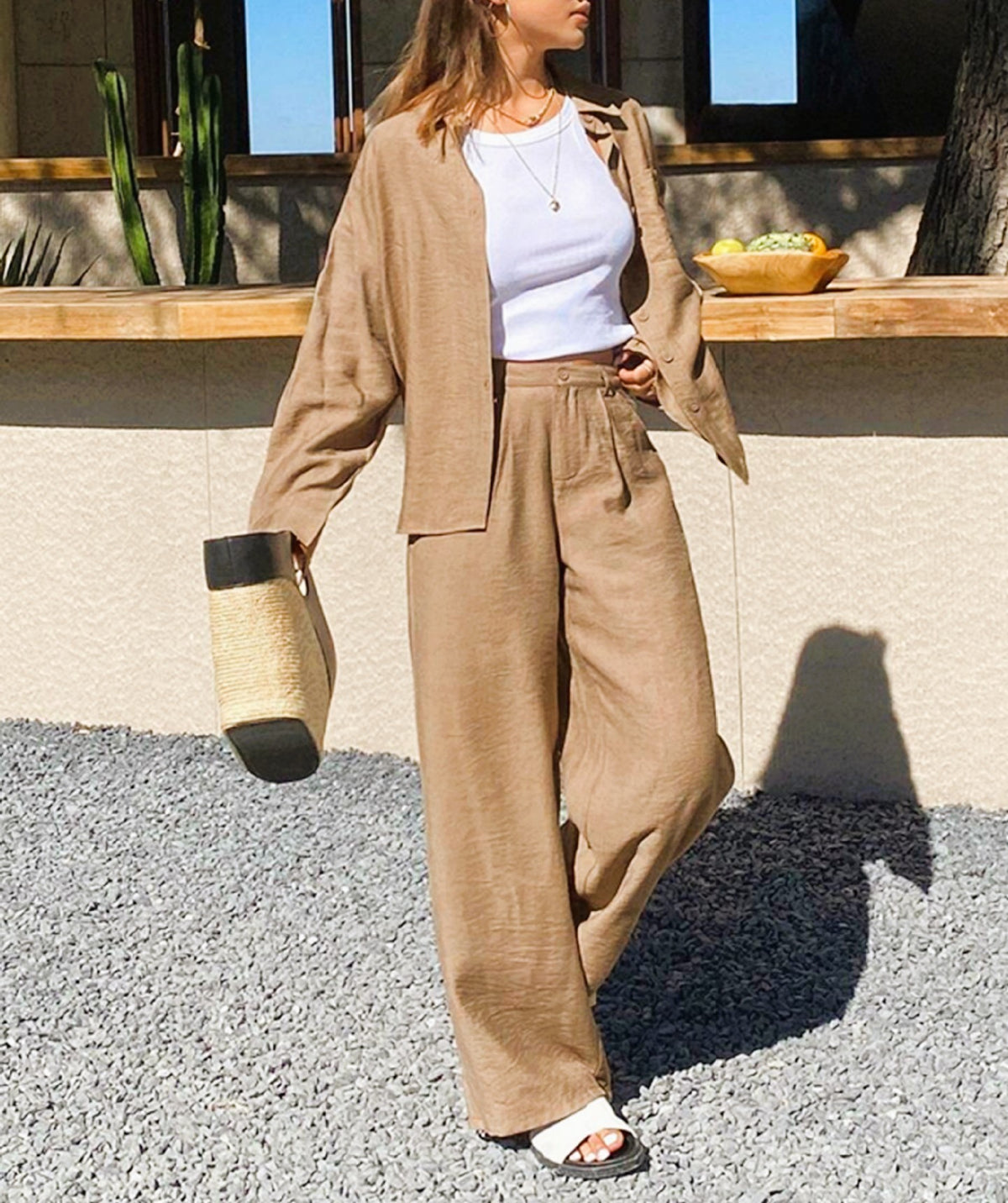 Relaxed Linen Look Shirt And Wide Pants Set - view 1