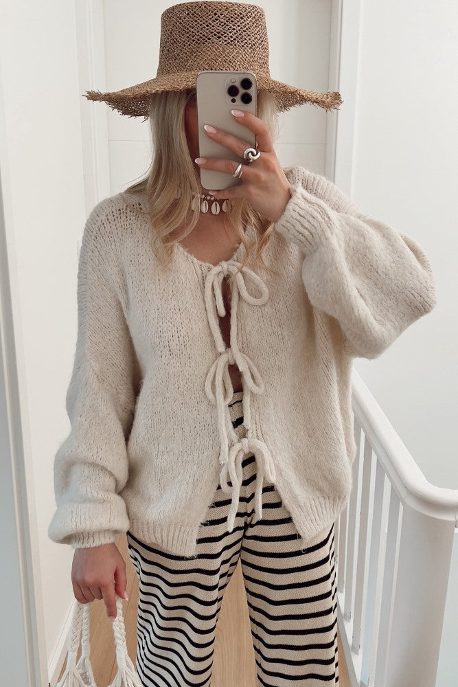 Bow Tie Front Balloon Sleeve Cardigan - Beige