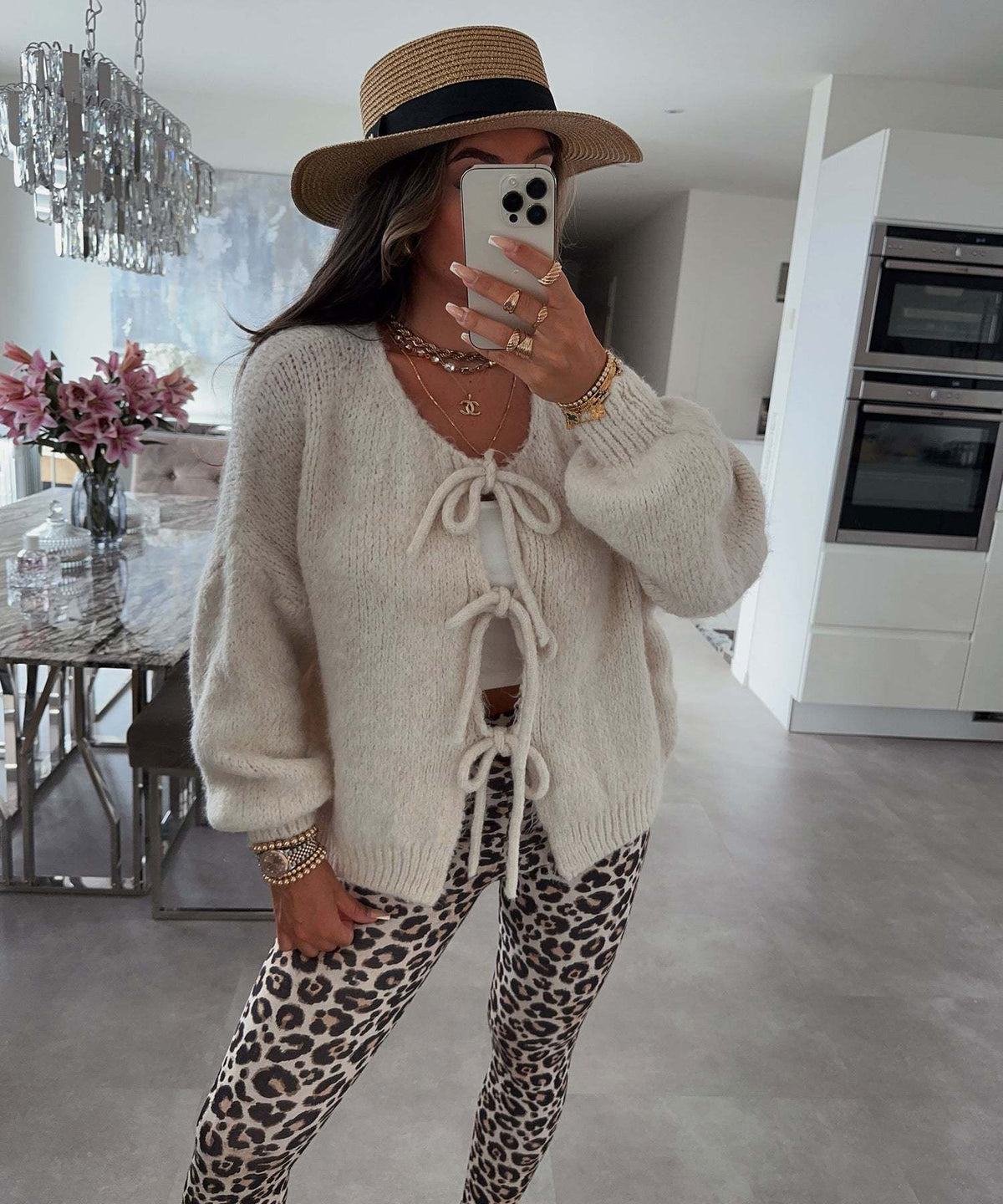 Bow Tie Front Balloon Sleeve Cardigan - Beige - 3