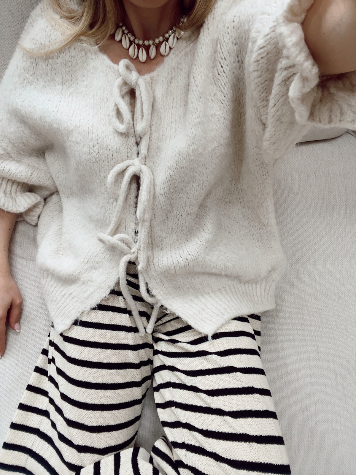Bow Tie Front Balloon Sleeve Cardigan - Beige - 4