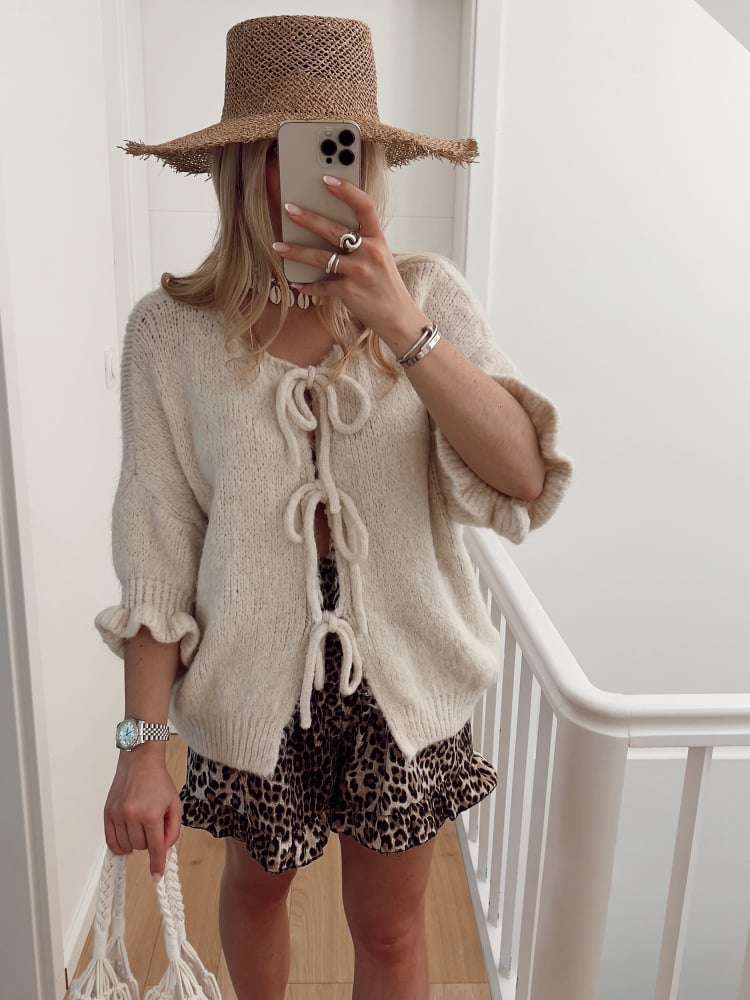 Bow Tie Front Balloon Sleeve Cardigan - Beige - 5