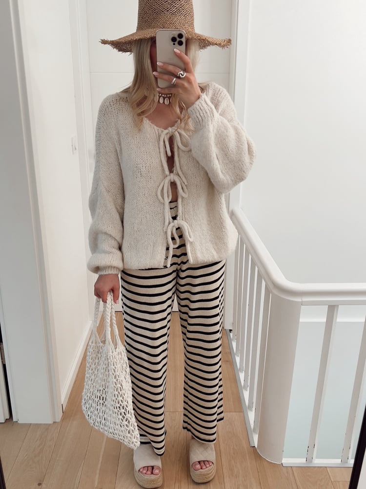 Bow Tie Front Balloon Sleeve Cardigan - Beige - 6