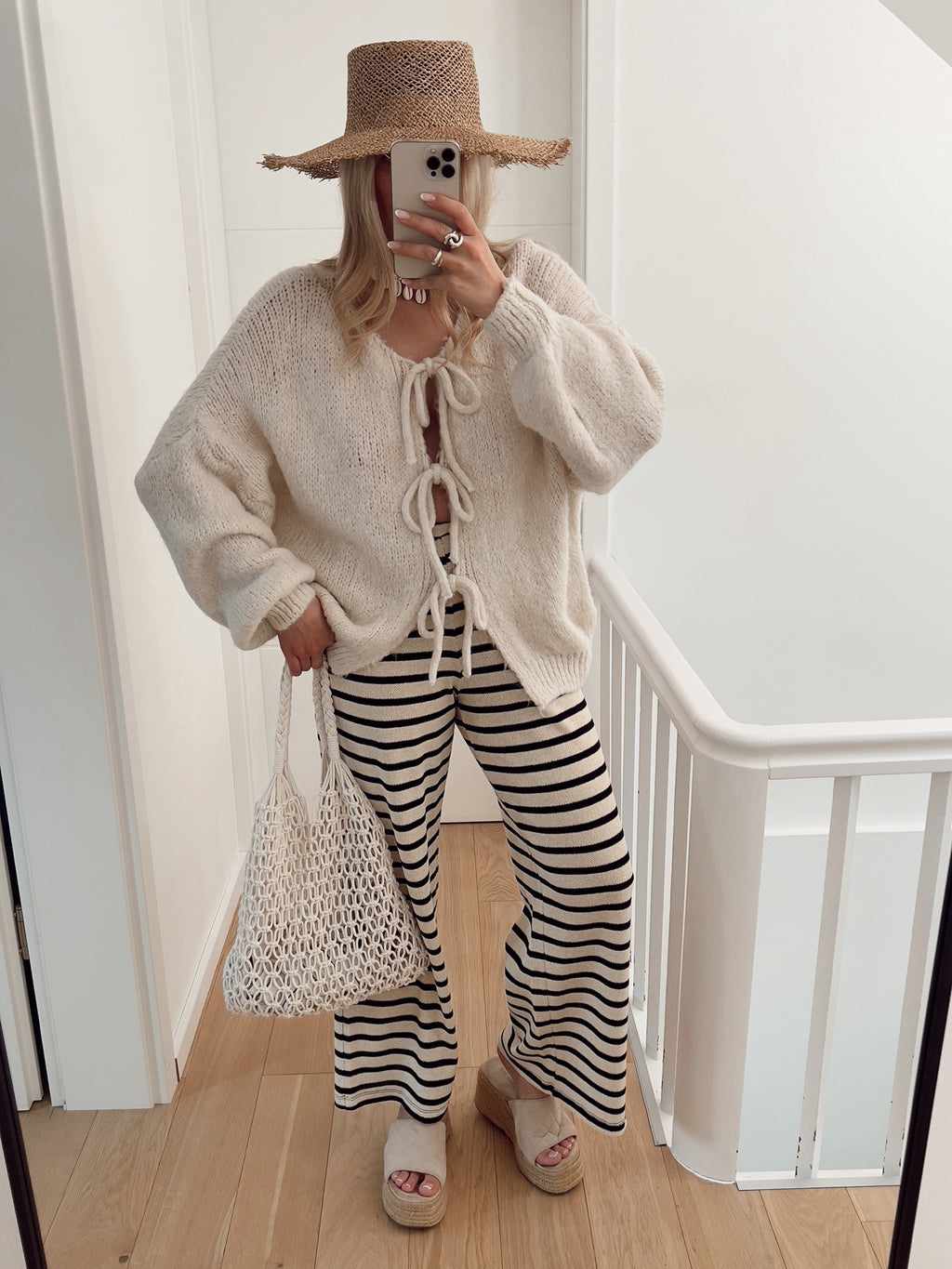 Bow Tie Front Balloon Sleeve Cardigan - Beige - 7