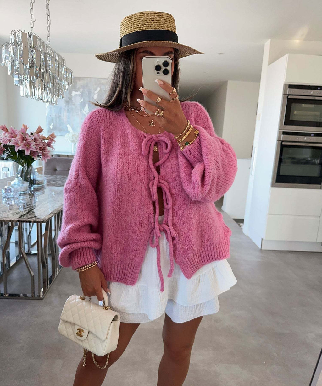 Bow Tie Front Balloon Sleeve Cardigan - Fuchsia