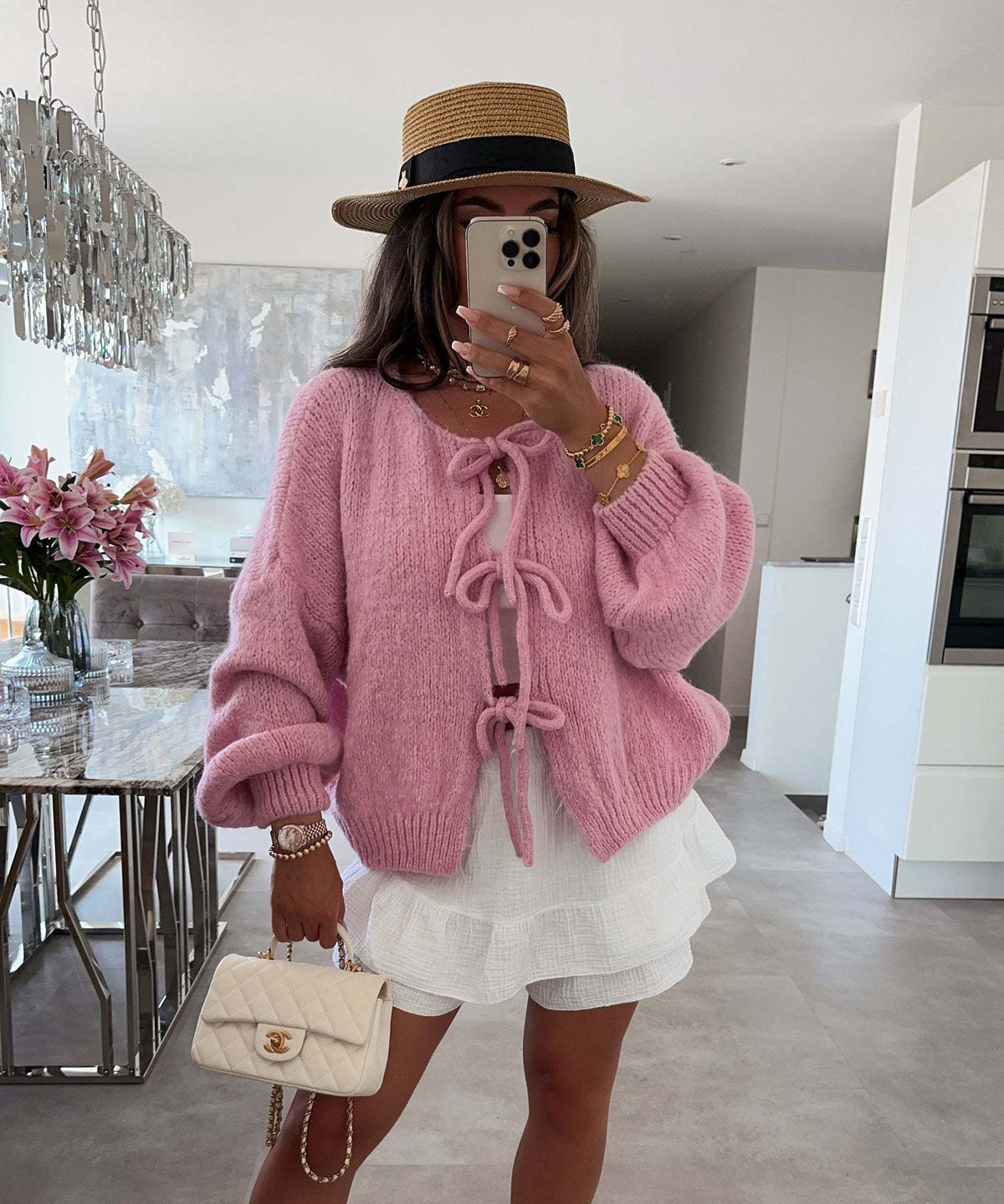 Bow Tie Front Balloon Sleeve Cardigan - Pink
