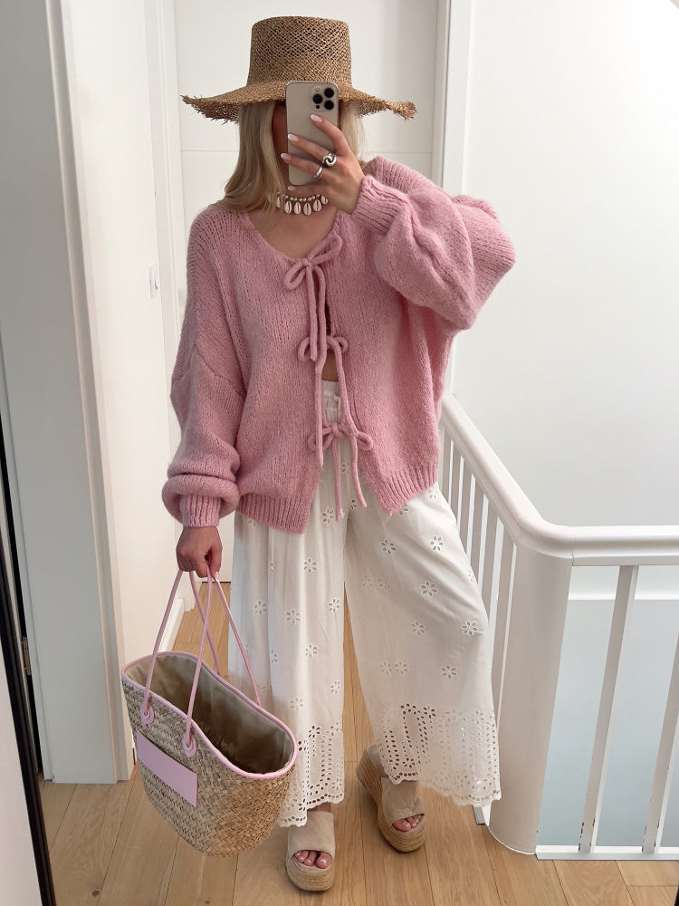 Bow Tie Front Balloon Sleeve Cardigan - Pink - 1
