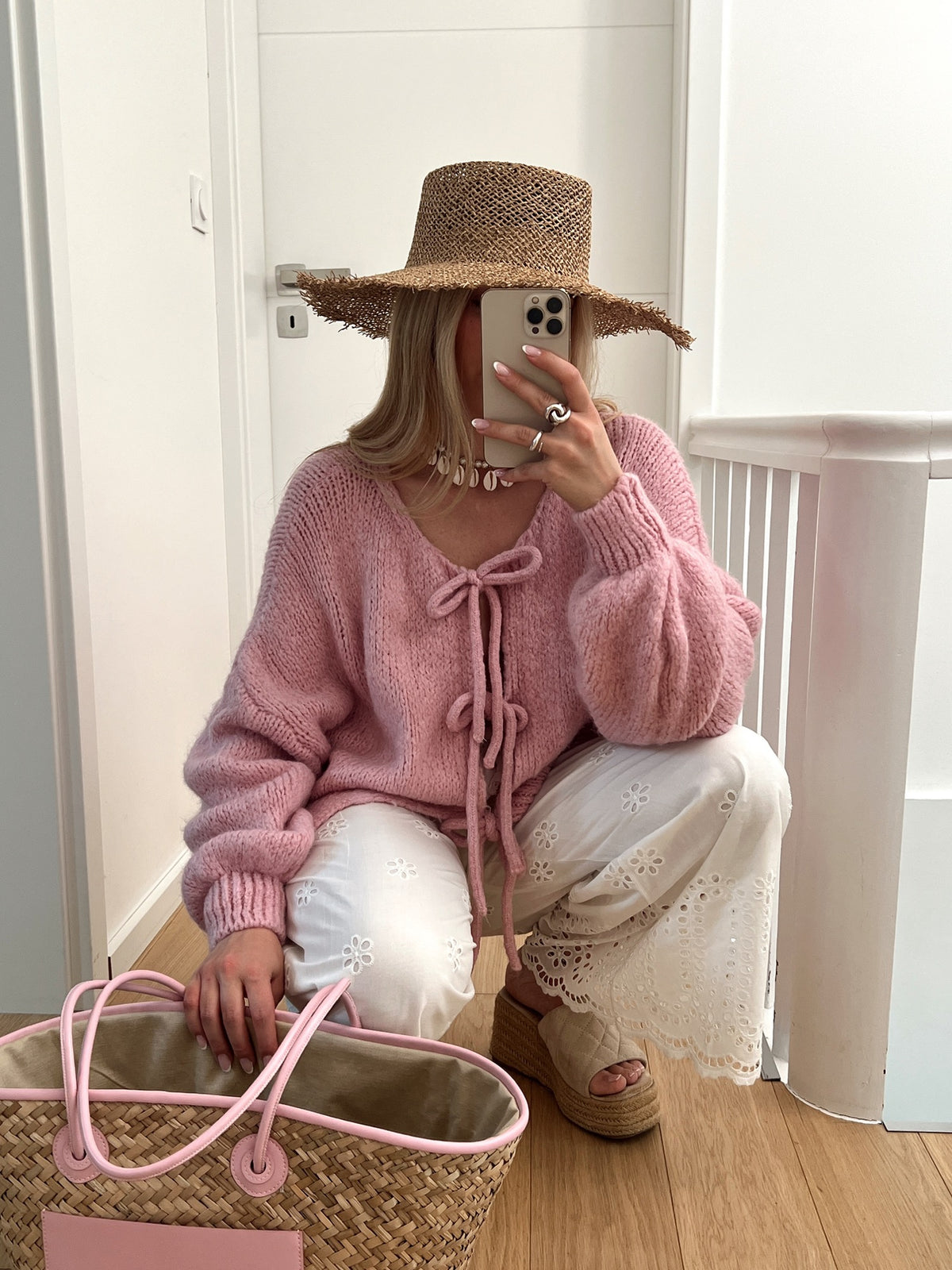 Bow Tie Front Balloon Sleeve Cardigan - Pink - 2
