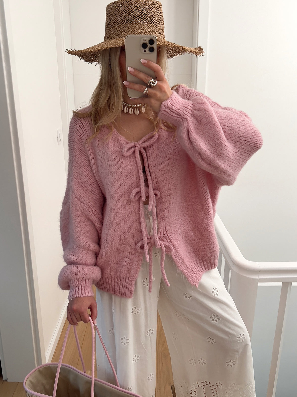 Bow Tie Front Balloon Sleeve Cardigan - Pink - 3