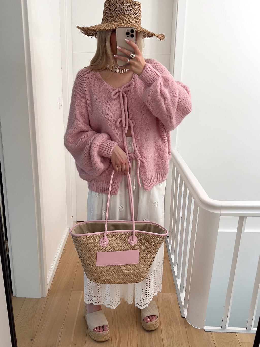 Bow Tie Front Balloon Sleeve Cardigan - Pink - 4