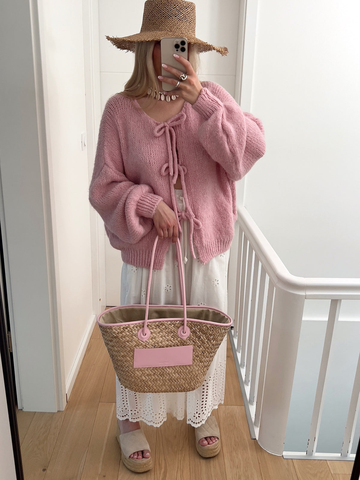Bow Tie Front Balloon Sleeve Cardigan - Pink - 4